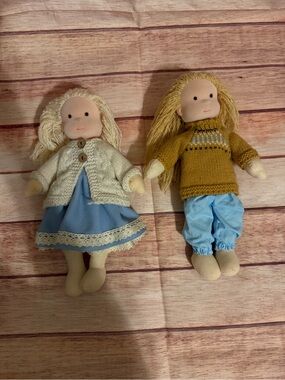 Handmade 12" Waldorf Dolls - Pair of 2 - Natural Fibers & Hand-Knit Outfits